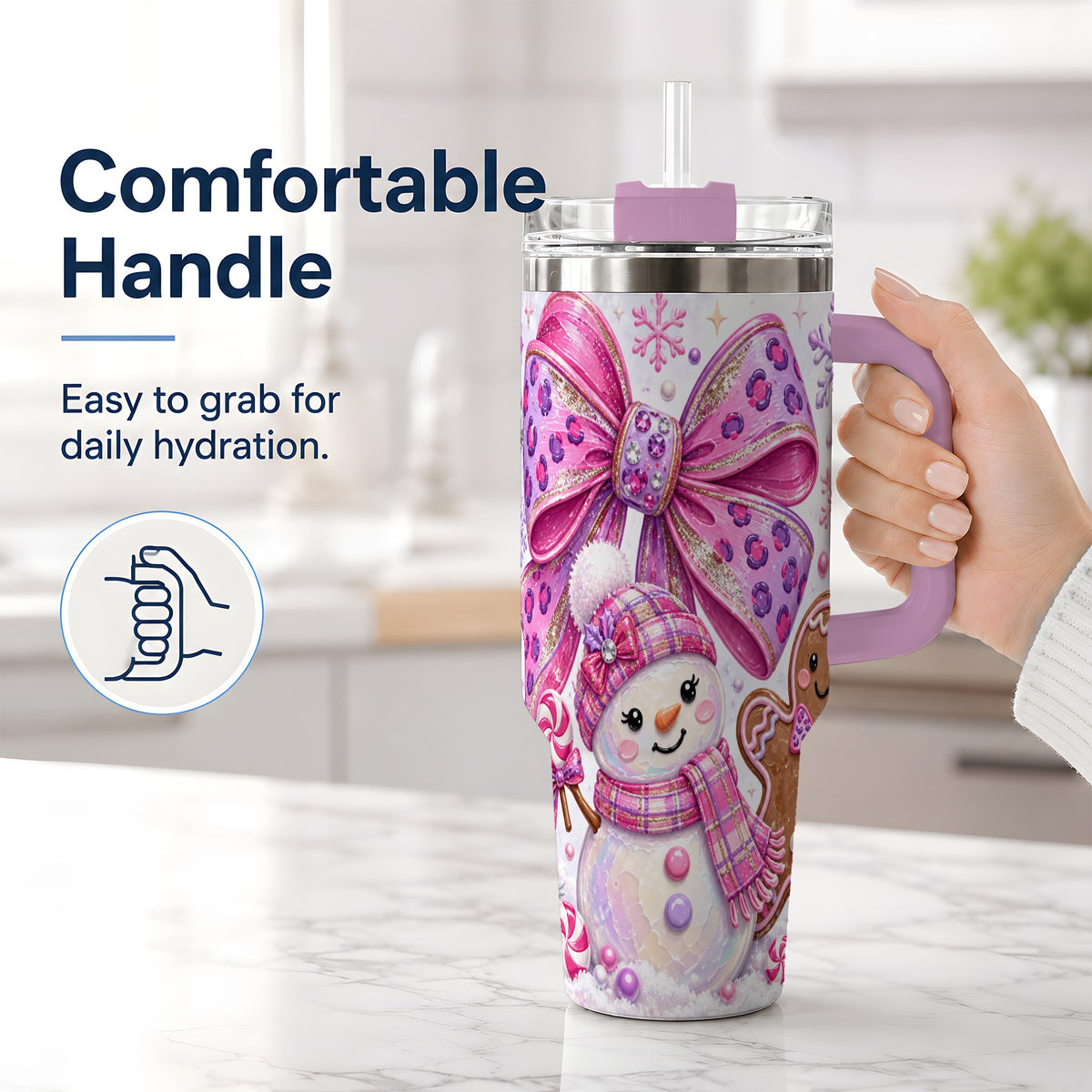 #pl[40oz|Pink] Pink Bow Snowman Christmas Tumbler, 40oz Stainless Steel Tumbler