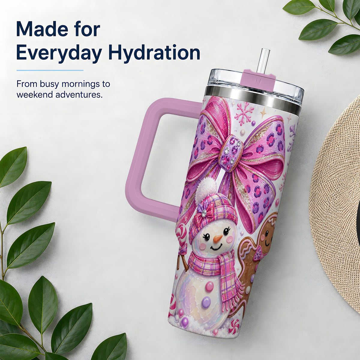 #pl[40oz|Pink] Pink Bow Snowman Christmas Tumbler, 40oz Stainless Steel Tumbler