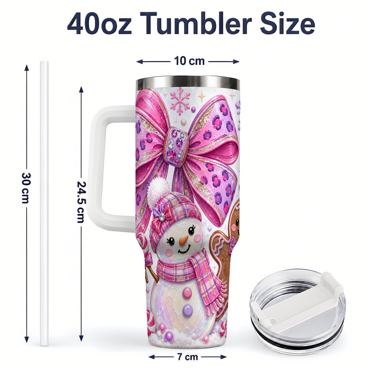#pl[40oz|White] Pink Bow Snowman Christmas Tumbler, 40oz Stainless Steel Tumbler