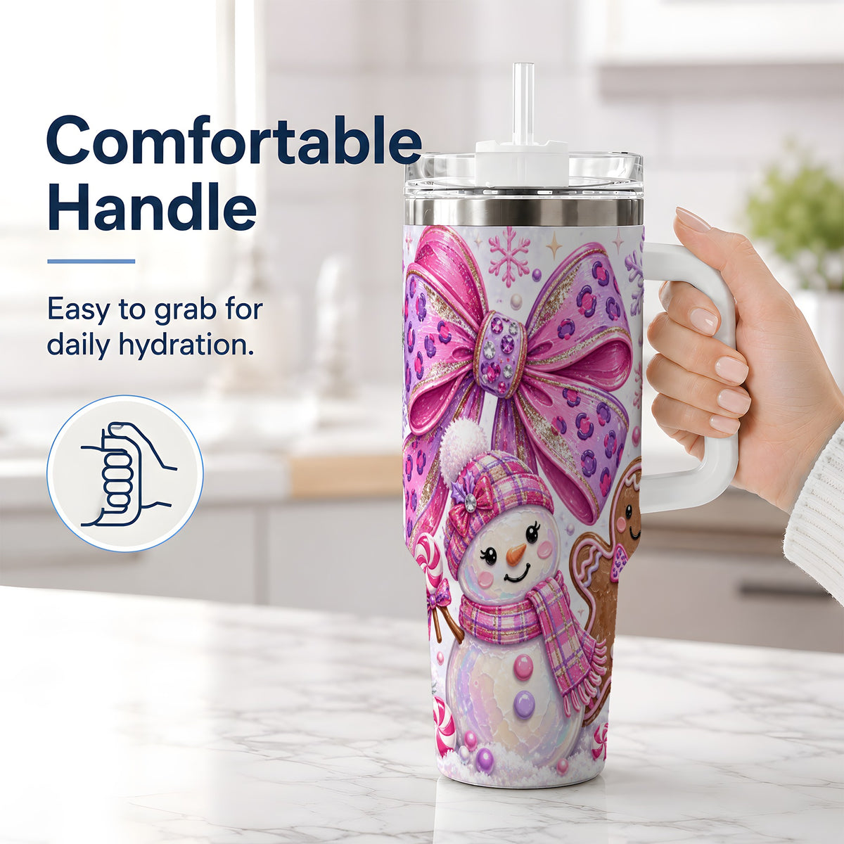 #pl[40oz|White] Pink Bow Snowman Christmas Tumbler, 40oz Stainless Steel Tumbler