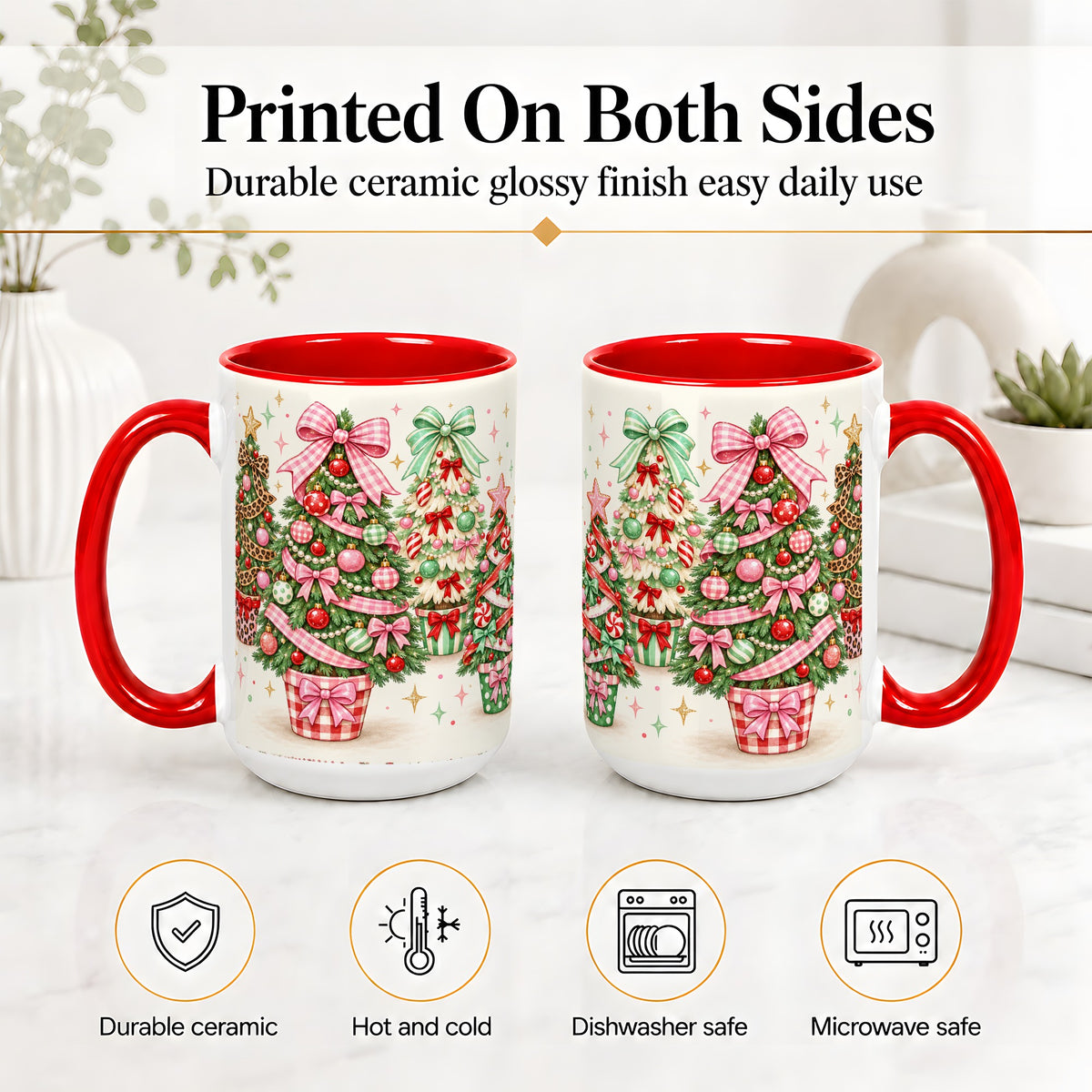 #pl[15oz|Red] Patterned Potted Christmas Trees Accent Mug, Ceramic Mug
