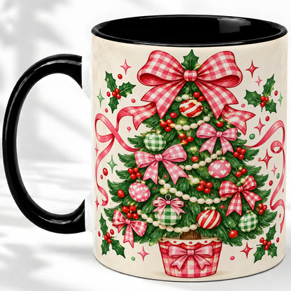 #pl[11oz|Black] Pink Gingham Bow Christmas Tree Accent Mug, Ceramic Mug