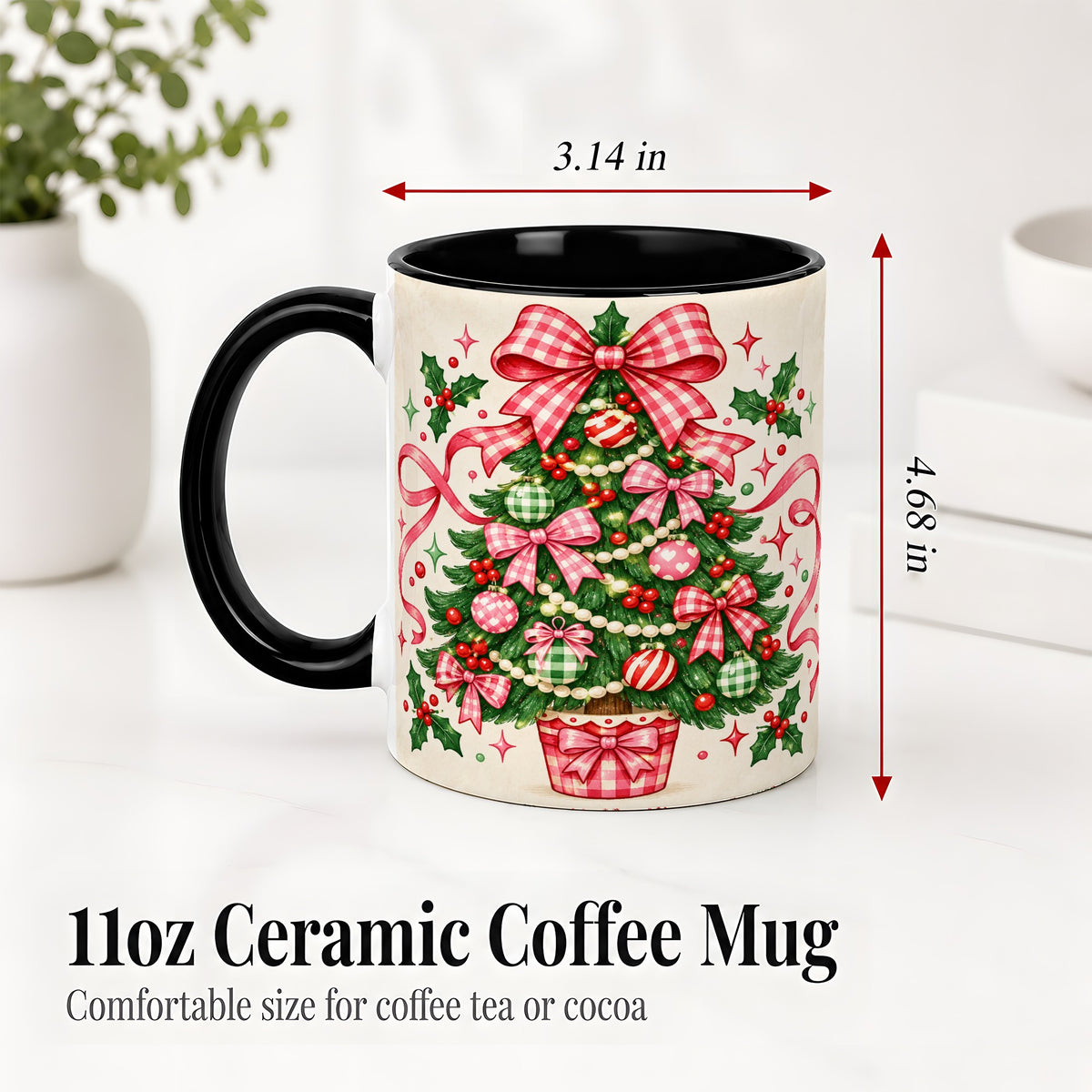 #pl[11oz|Black] Pink Gingham Bow Christmas Tree Accent Mug, Ceramic Mug