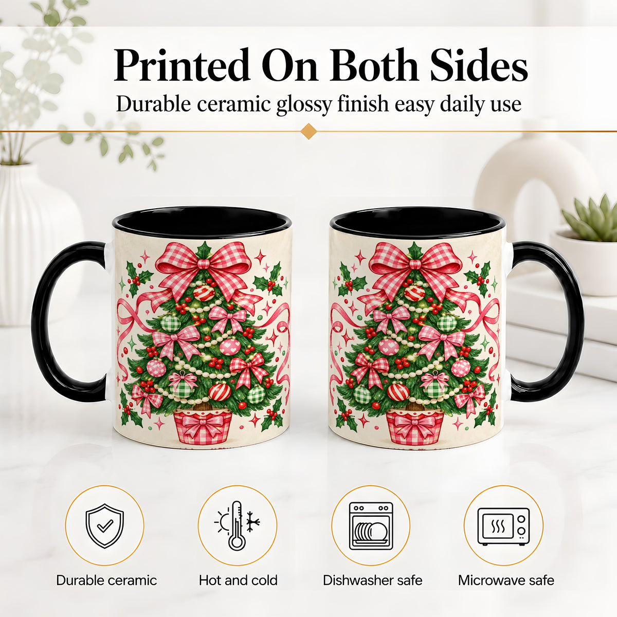 #pl[11oz|Black] Pink Gingham Bow Christmas Tree Accent Mug, Ceramic Mug