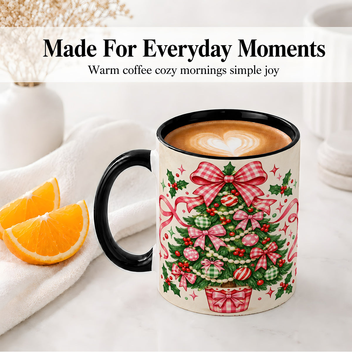 #pl[11oz|Black] Pink Gingham Bow Christmas Tree Accent Mug, Ceramic Mug