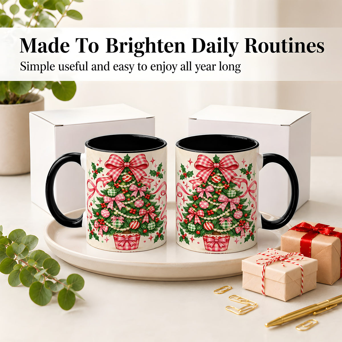 #pl[11oz|Black] Pink Gingham Bow Christmas Tree Accent Mug, Ceramic Mug
