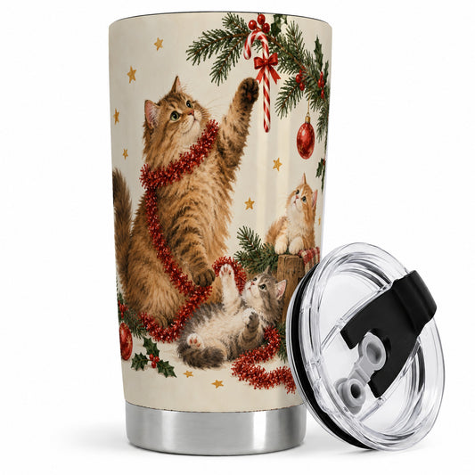 Christmas Cats 20oz Tumbler, Stainless Steel Festive Holiday Artwork