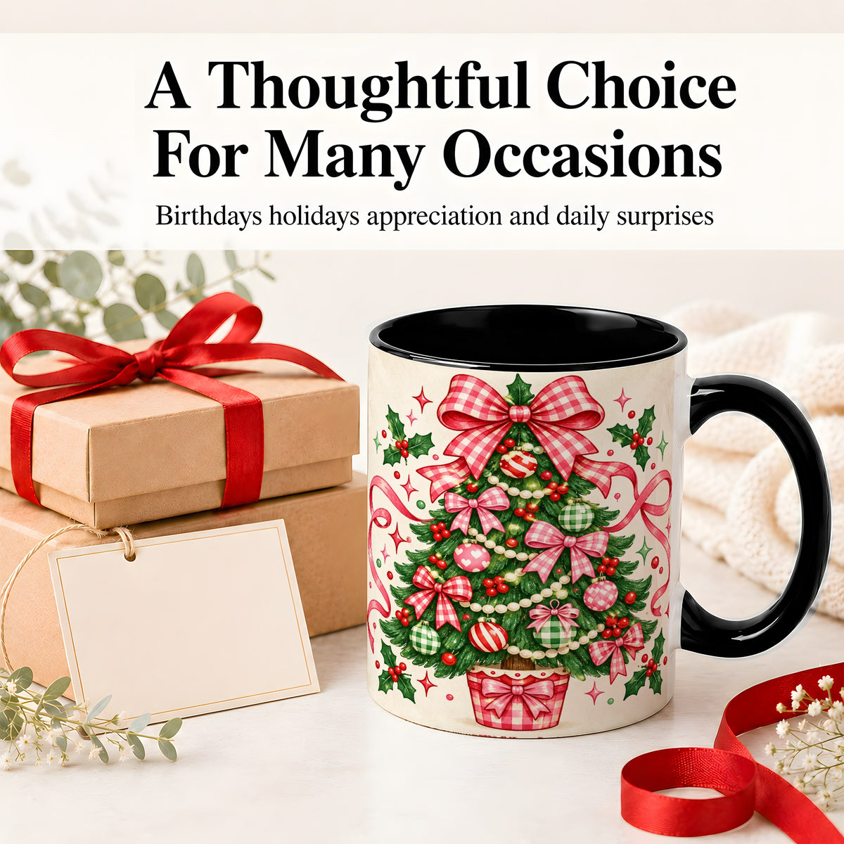 #pl[11oz|Black] Pink Gingham Bow Christmas Tree Accent Mug, Ceramic Mug