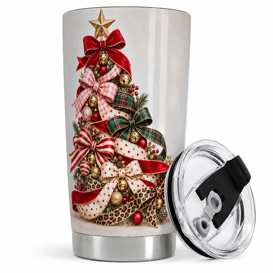 Ribbon Christmas Tree 20oz Tumbler, Stainless Steel Holiday Drinkware