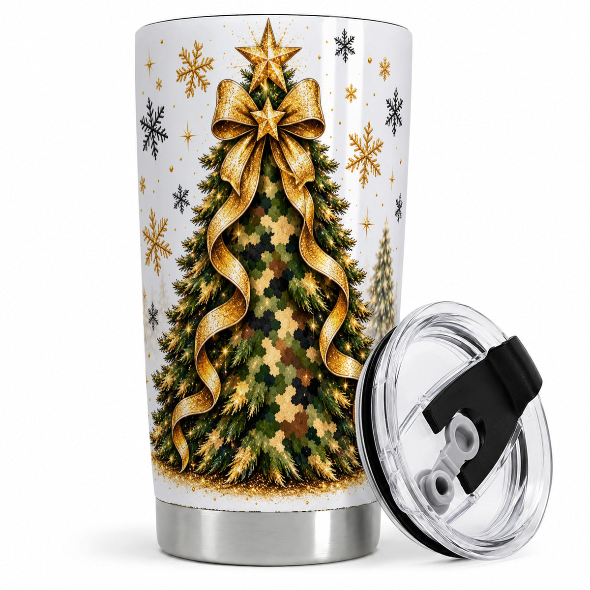 Camo Christmas Tree 20oz Tumbler, Stainless Steel Gold Holiday Art