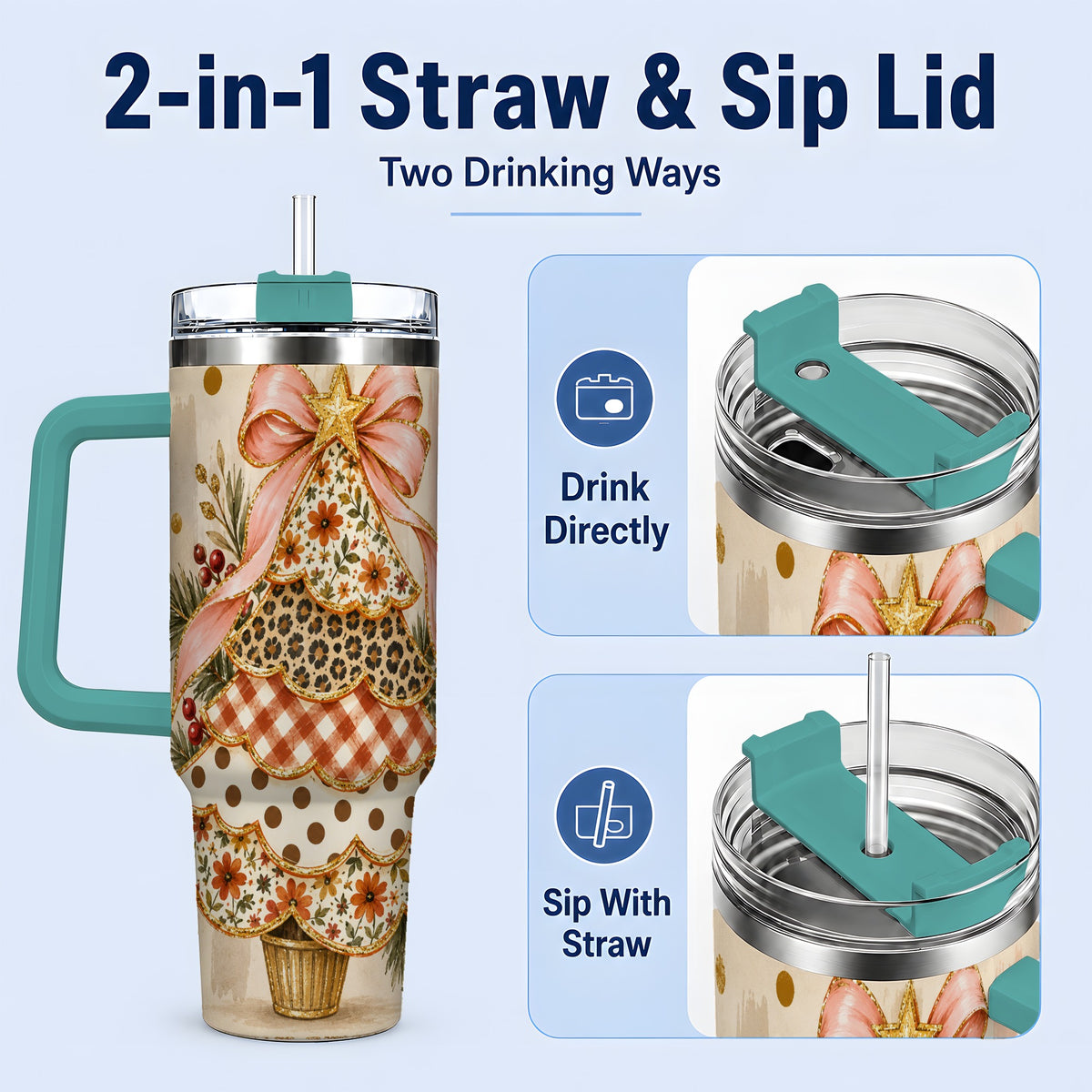 #pl[40oz|Green] Patterned Christmas Tree Tumbler, 40oz Stainless Steel Tumbler