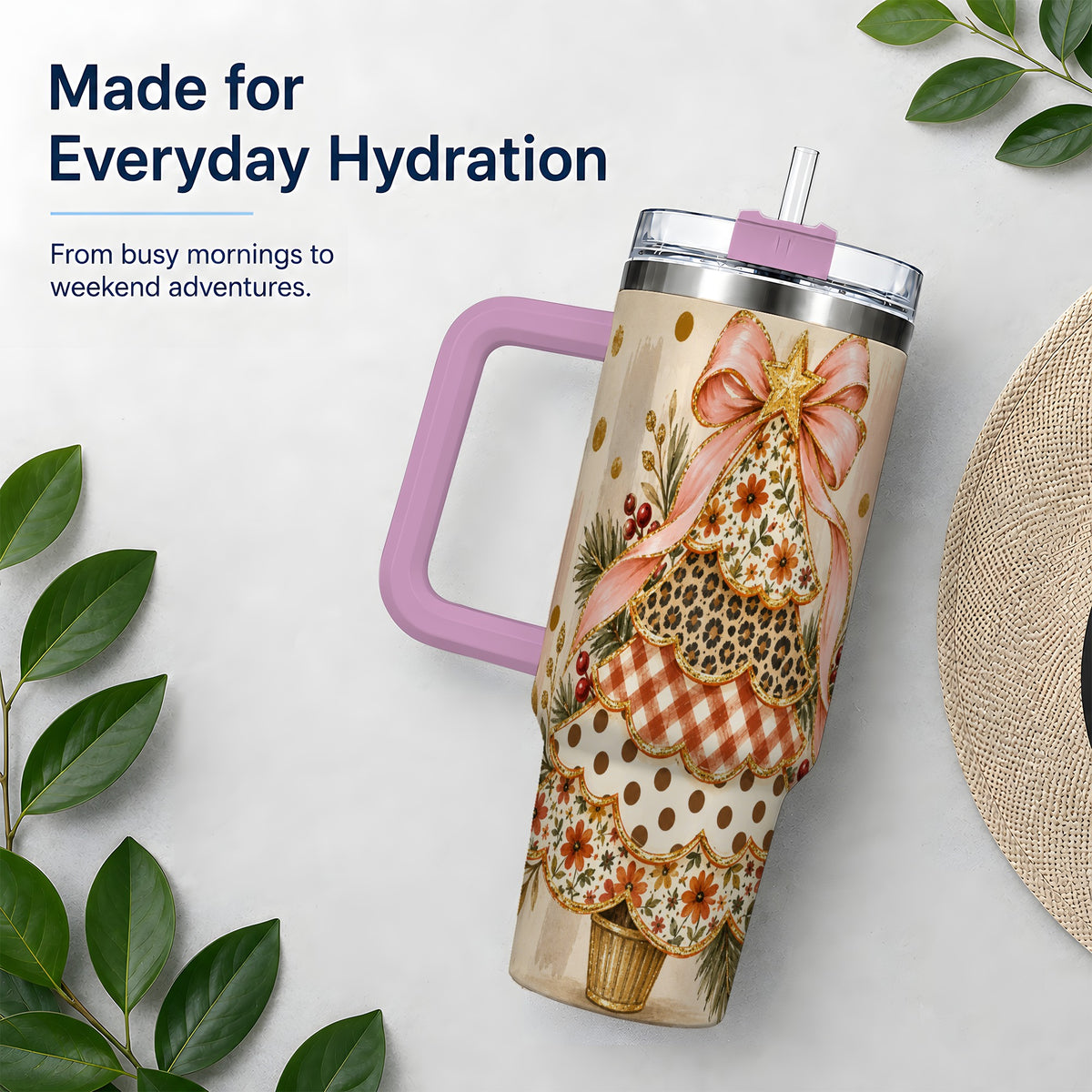 #pl[40oz|Pink] Patterned Christmas Tree Tumbler, 40oz Stainless Steel Tumbler