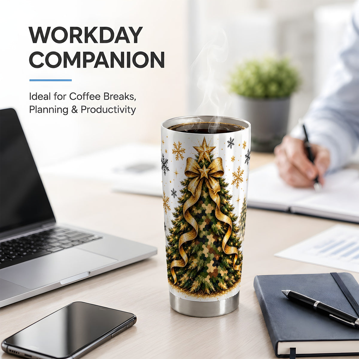 #pl[20oz|Steel] Camo Christmas Tree 20oz Tumbler, Stainless Steel Gold Holiday Art