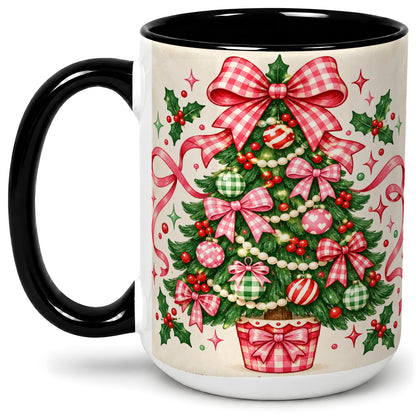#pl[15oz|Black] Pink Gingham Bow Christmas Tree Accent Mug, Ceramic Mug