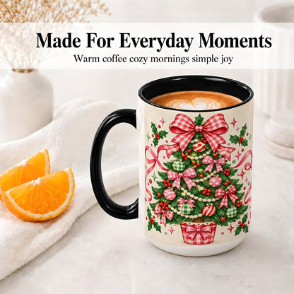 #pl[15oz|Black] Pink Gingham Bow Christmas Tree Accent Mug, Ceramic Mug
