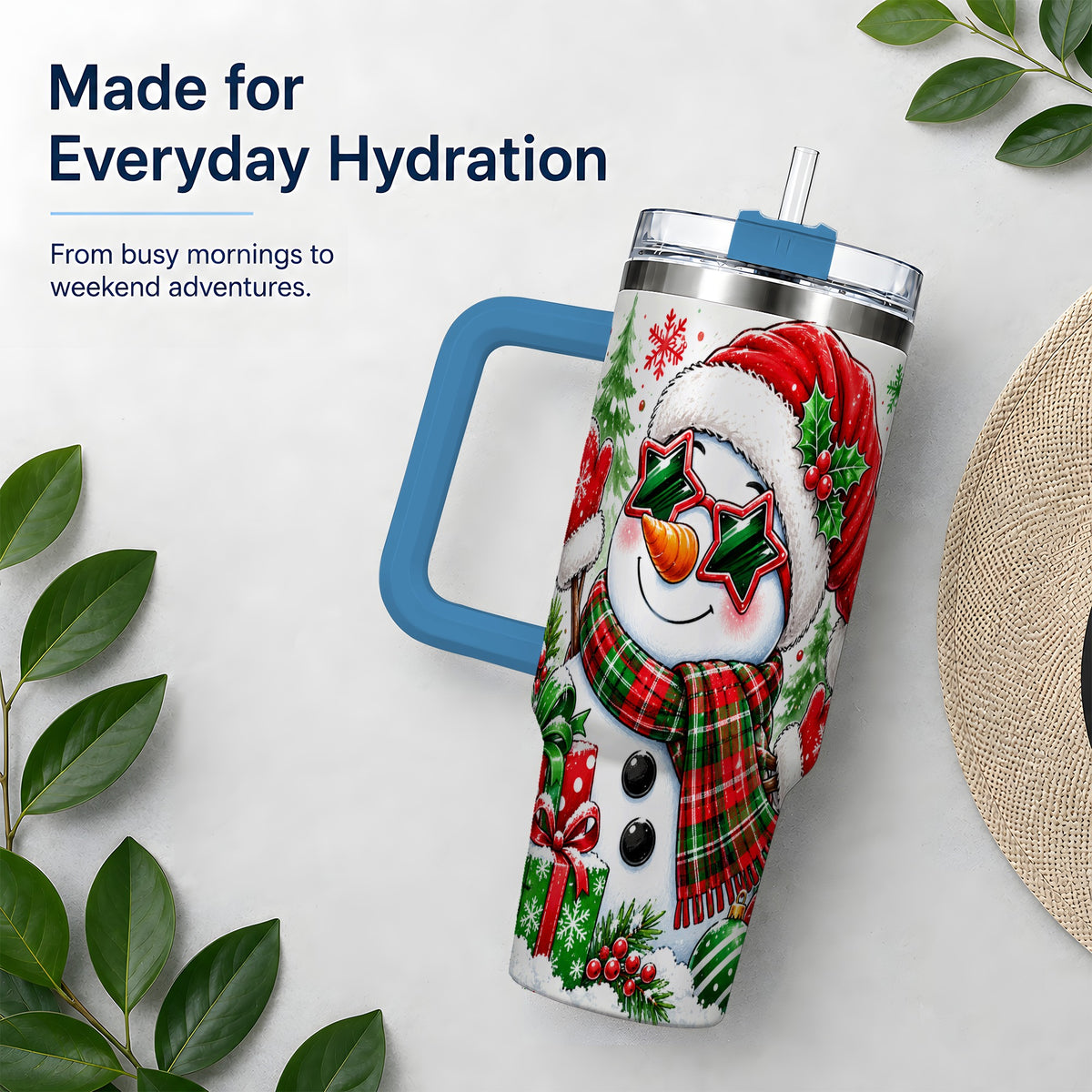 #pl[40oz|Blue] Festive Snowman Christmas Tumbler, 40oz Stainless Steel Tumbler