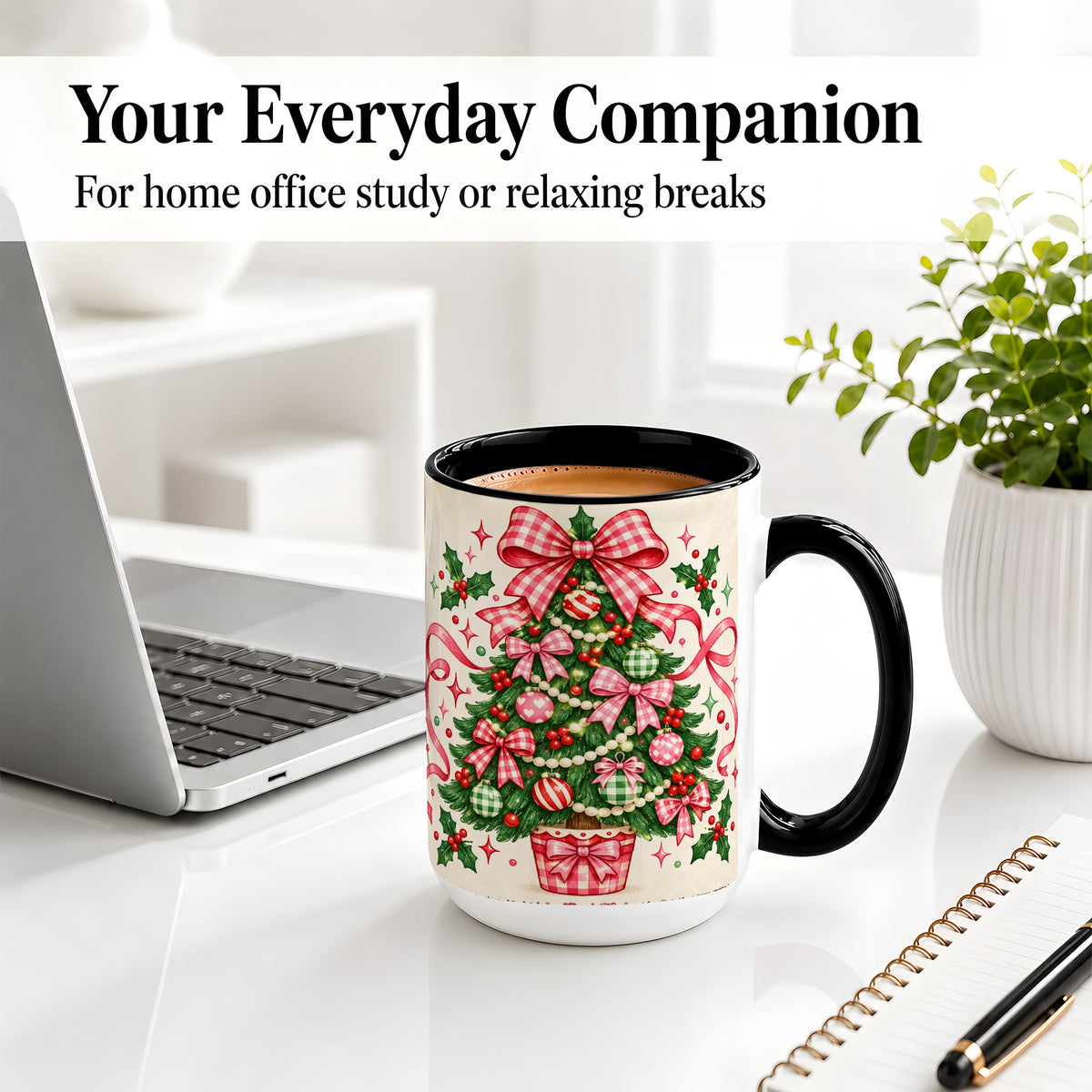 #pl[15oz|Black] Pink Gingham Bow Christmas Tree Accent Mug, Ceramic Mug