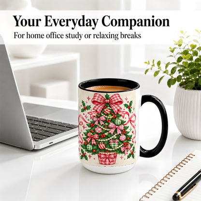 #pl[15oz|Black] Pink Gingham Bow Christmas Tree Accent Mug, Ceramic Mug