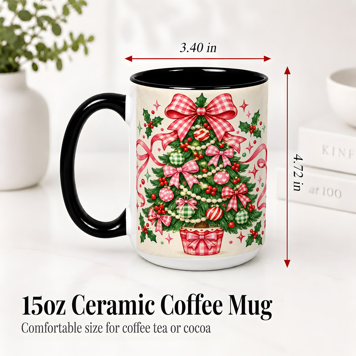 #pl[15oz|Black] Pink Gingham Bow Christmas Tree Accent Mug, Ceramic Mug