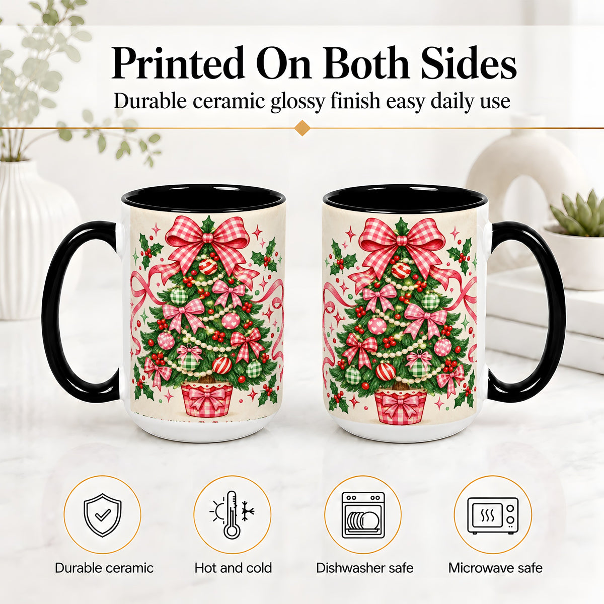 #pl[15oz|Black] Pink Gingham Bow Christmas Tree Accent Mug, Ceramic Mug