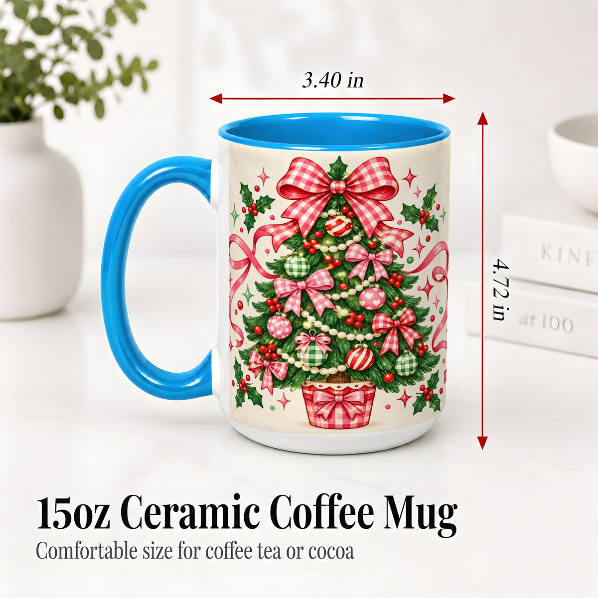 #pl[15oz|Blue] Pink Gingham Bow Christmas Tree Accent Mug, Ceramic Mug