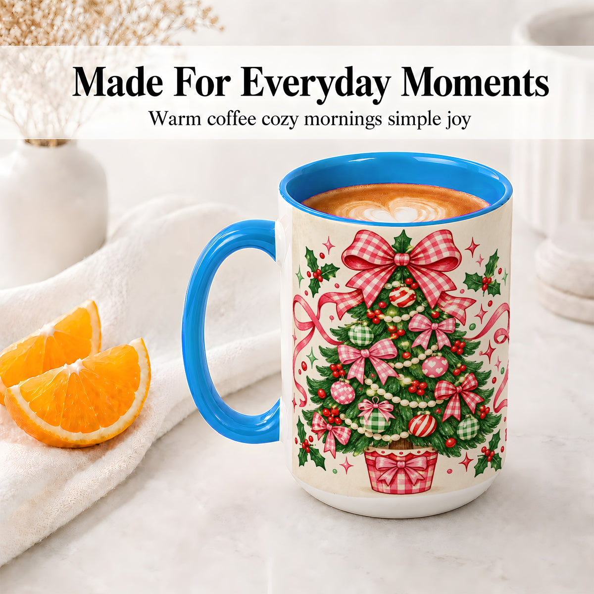 #pl[15oz|Blue] Pink Gingham Bow Christmas Tree Accent Mug, Ceramic Mug