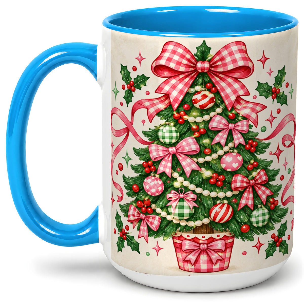 #pl[15oz|Blue] Pink Gingham Bow Christmas Tree Accent Mug, Ceramic Mug