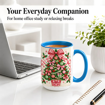 #pl[15oz|Blue] Pink Gingham Bow Christmas Tree Accent Mug, Ceramic Mug