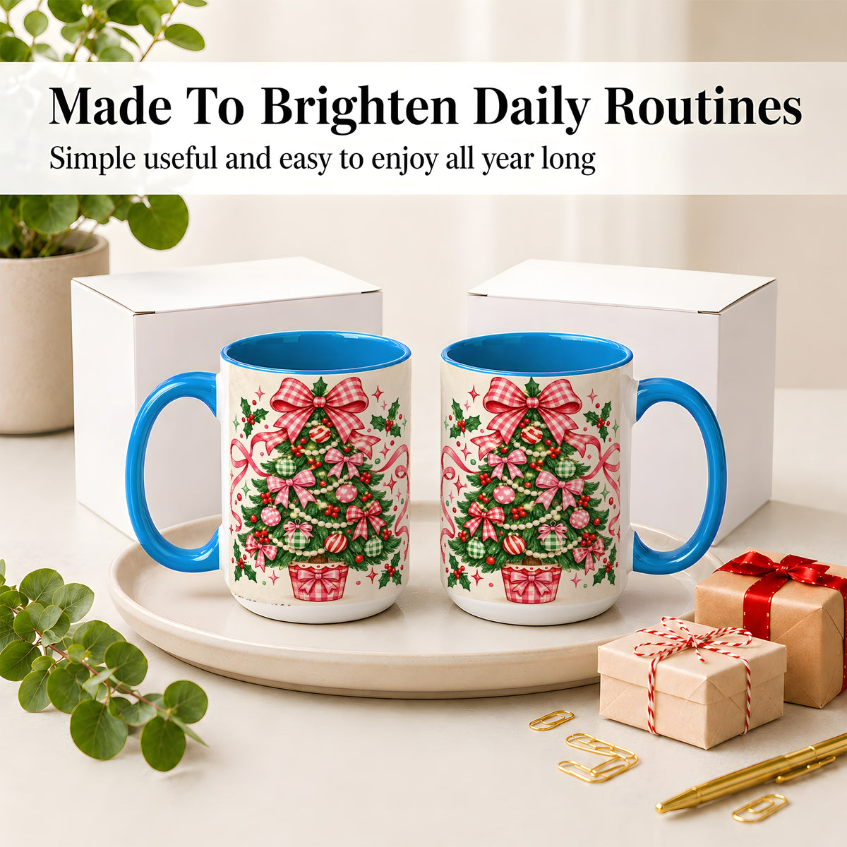 #pl[15oz|Blue] Pink Gingham Bow Christmas Tree Accent Mug, Ceramic Mug