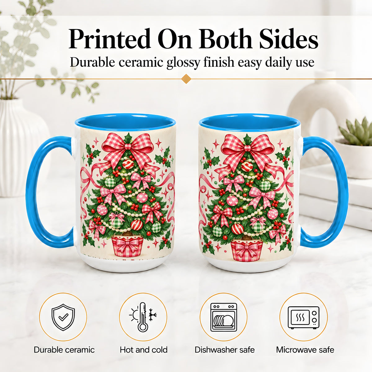 #pl[15oz|Blue] Pink Gingham Bow Christmas Tree Accent Mug, Ceramic Mug