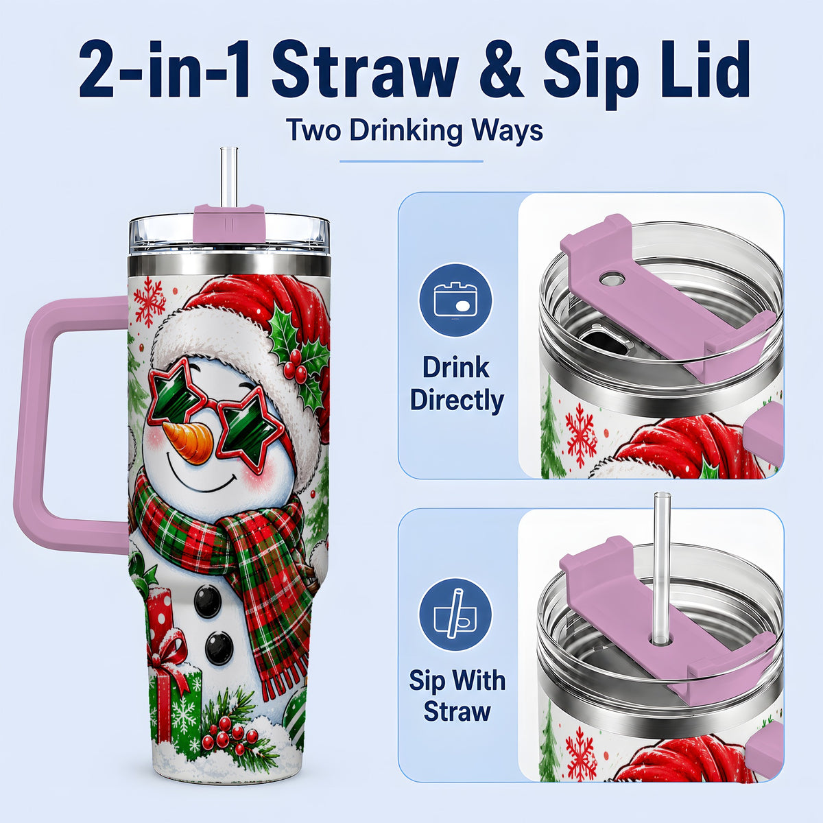 #pl[40oz|Pink] Festive Snowman Christmas Tumbler, 40oz Stainless Steel Tumbler