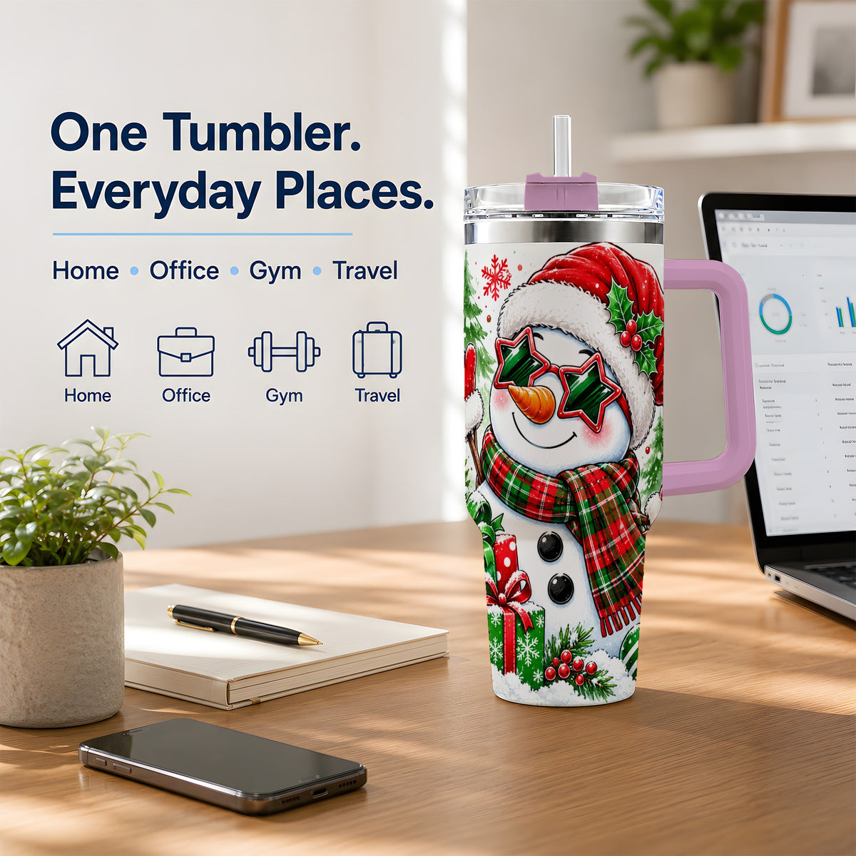 #pl[40oz|Pink] Festive Snowman Christmas Tumbler, 40oz Stainless Steel Tumbler