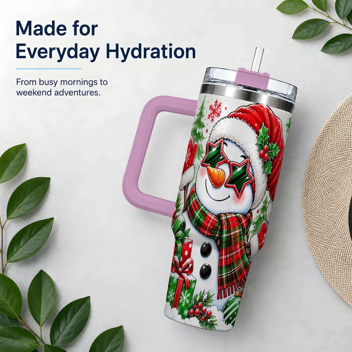 #pl[40oz|Pink] Festive Snowman Christmas Tumbler, 40oz Stainless Steel Tumbler