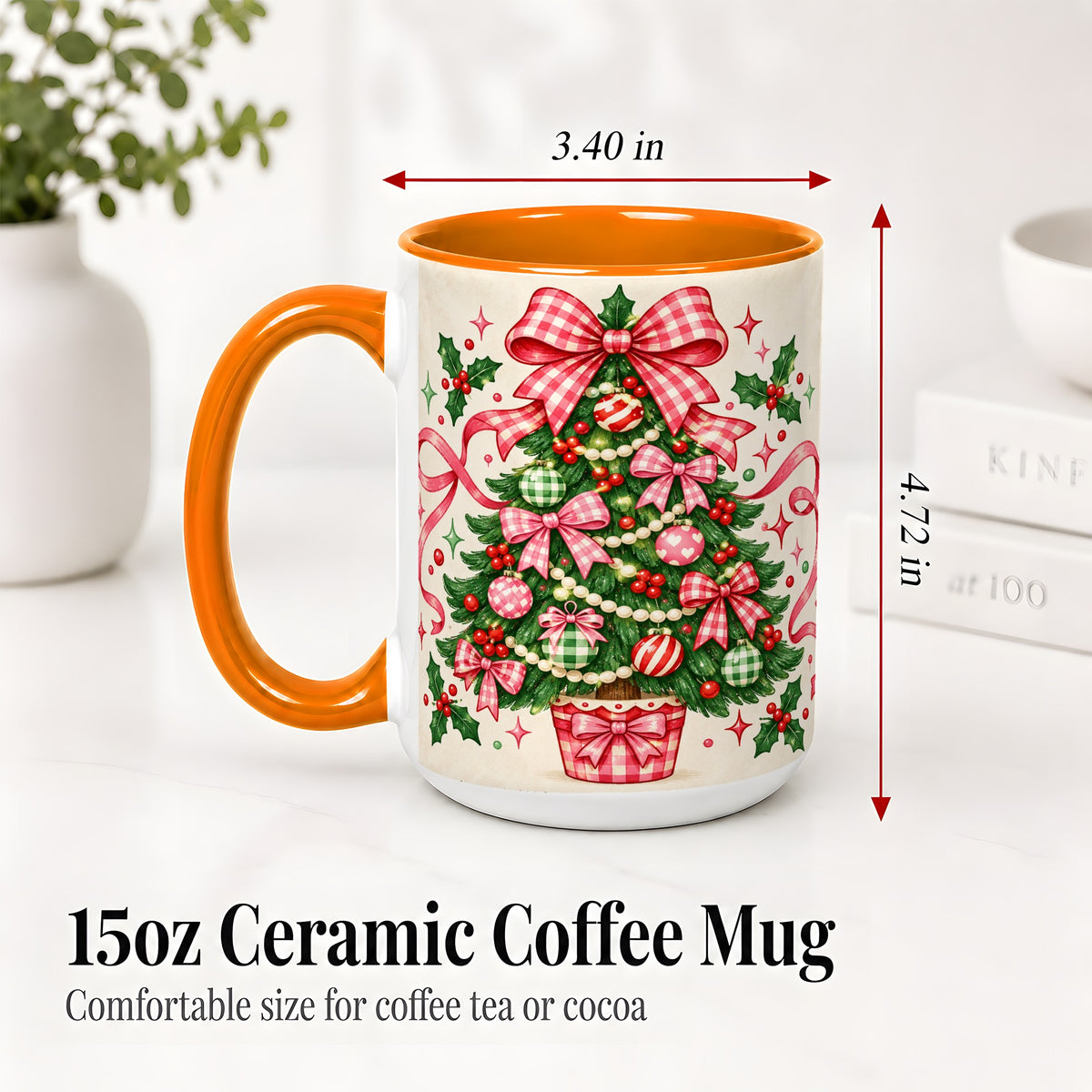 #pl[15oz|Orange] Pink Gingham Bow Christmas Tree Accent Mug, Ceramic Mug