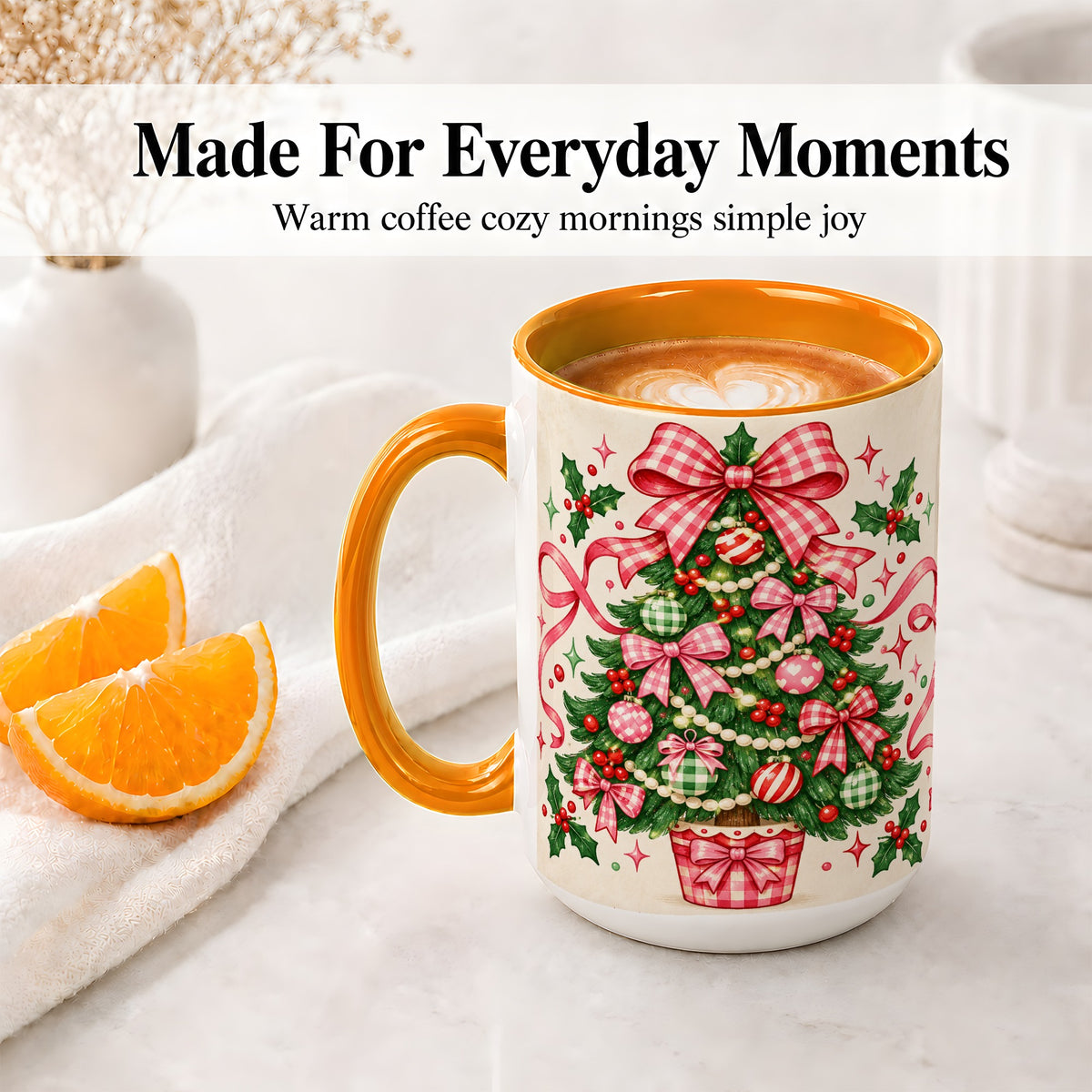 #pl[15oz|Orange] Pink Gingham Bow Christmas Tree Accent Mug, Ceramic Mug