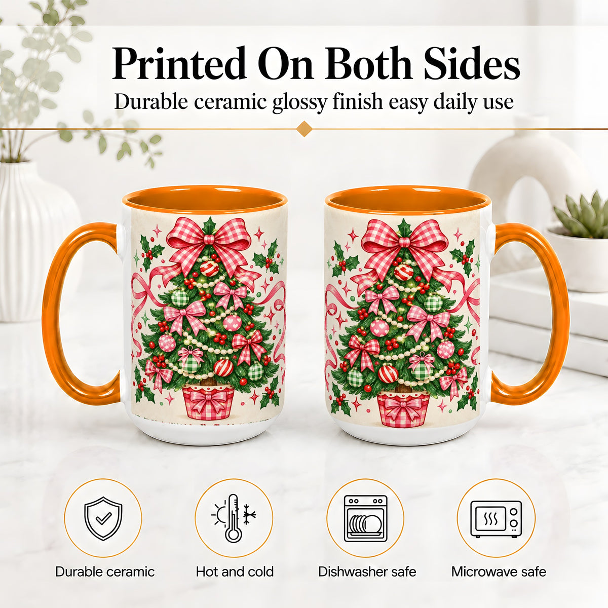 #pl[15oz|Orange] Pink Gingham Bow Christmas Tree Accent Mug, Ceramic Mug
