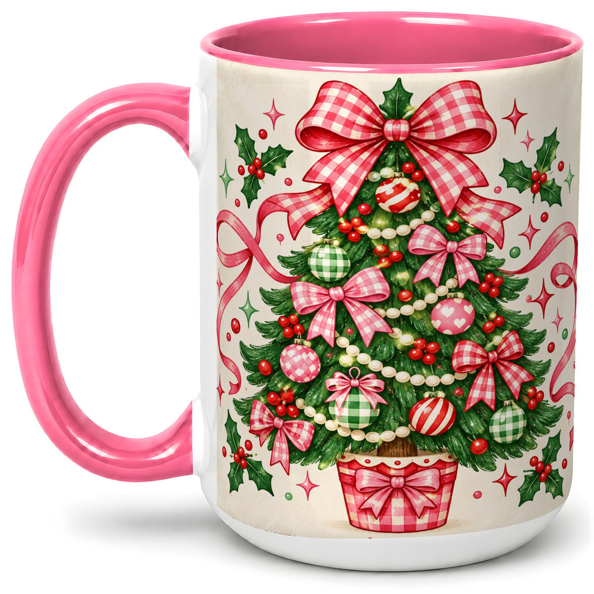 #pl[15oz|Pink] Pink Gingham Bow Christmas Tree Accent Mug, Ceramic Mug