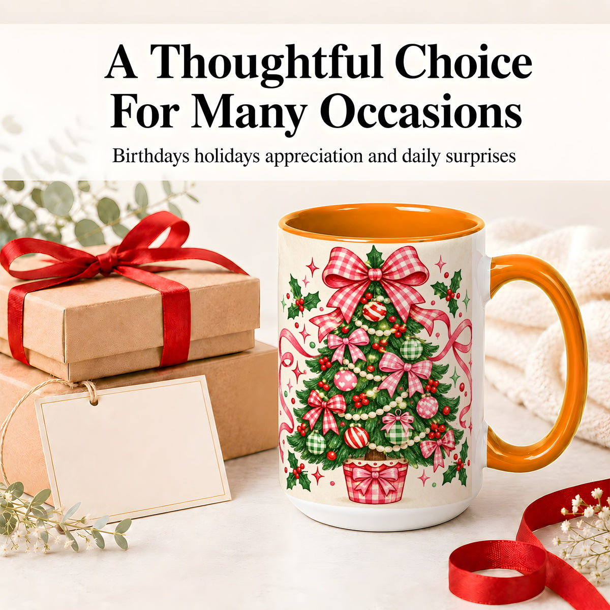 #pl[15oz|Orange] Pink Gingham Bow Christmas Tree Accent Mug, Ceramic Mug