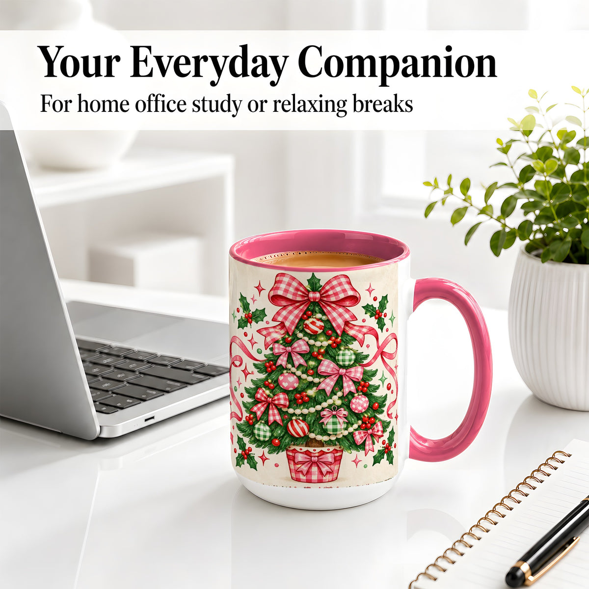 #pl[15oz|Pink] Pink Gingham Bow Christmas Tree Accent Mug, Ceramic Mug