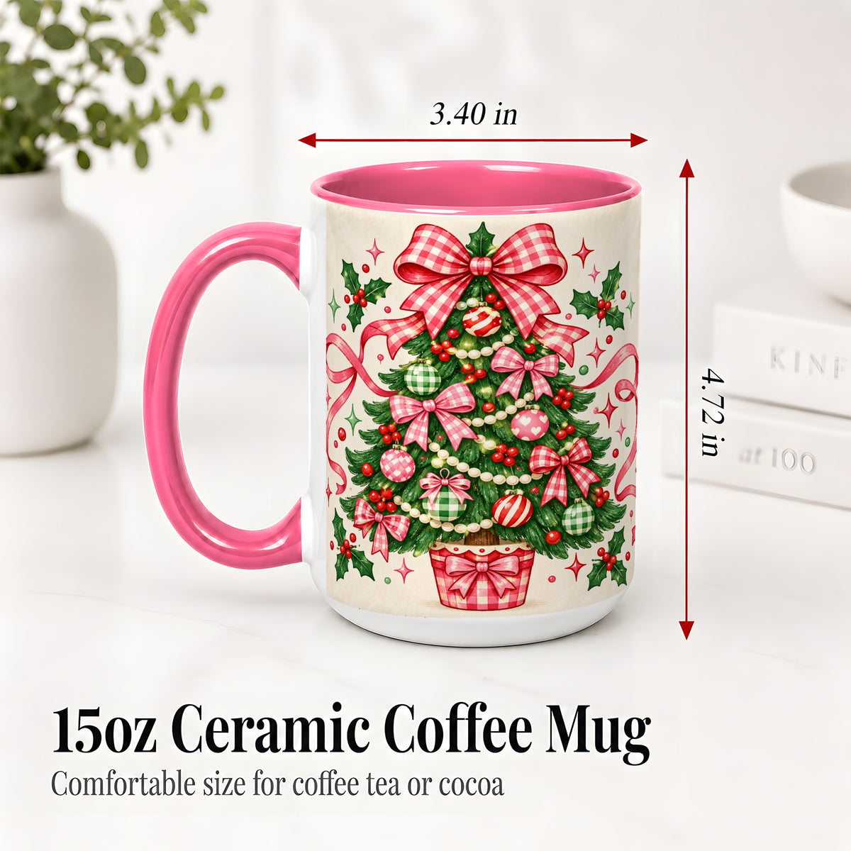 #pl[15oz|Pink] Pink Gingham Bow Christmas Tree Accent Mug, Ceramic Mug