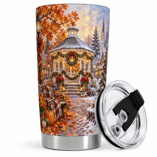 Autumn Christmas Village 20oz Tumbler, Snowy Gazebo Holiday Landscape