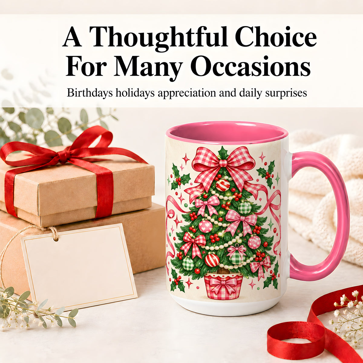 #pl[15oz|Pink] Pink Gingham Bow Christmas Tree Accent Mug, Ceramic Mug
