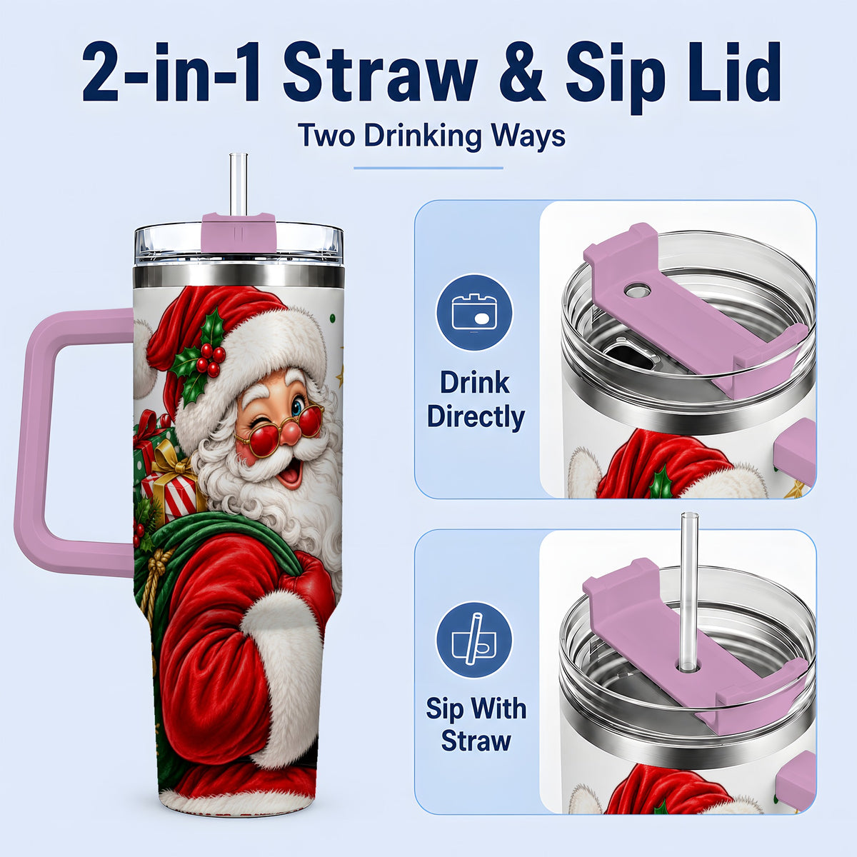 #pl[40oz|Pink] Santa Claus Christmas Tumbler, 40oz Stainless Steel Tumbler