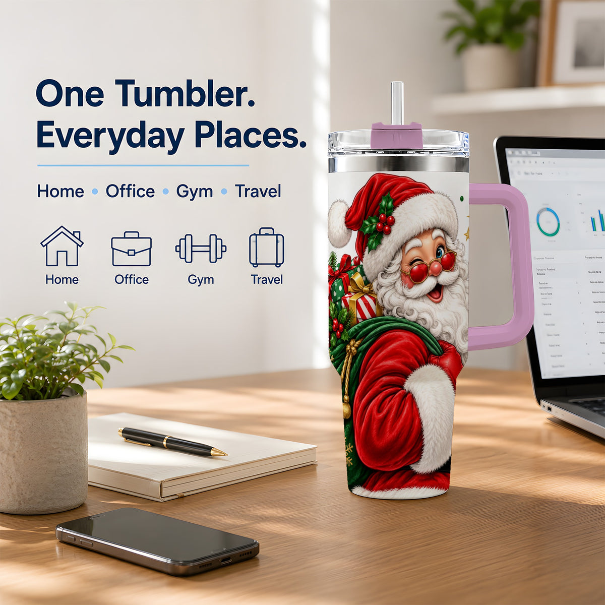 #pl[40oz|Pink] Santa Claus Christmas Tumbler, 40oz Stainless Steel Tumbler