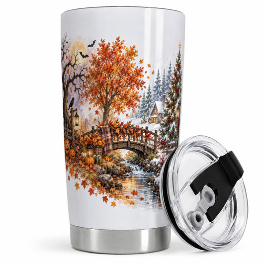 Fall Christmas Landscape 20oz Tumbler, Seasonal Village Drinkware