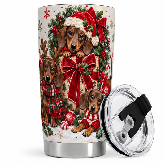 Christmas Dachshund 20oz Tumbler, Festive Puppy Winter Holiday Artwork