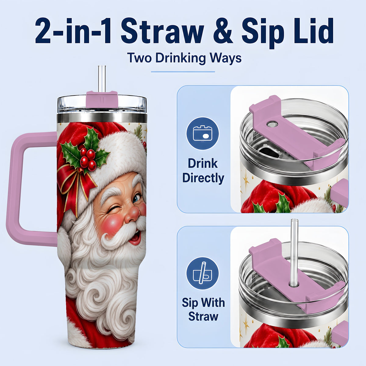 #pl[40oz|Pink] Winking Santa Christmas Tumbler, 40oz Stainless Steel Tumbler