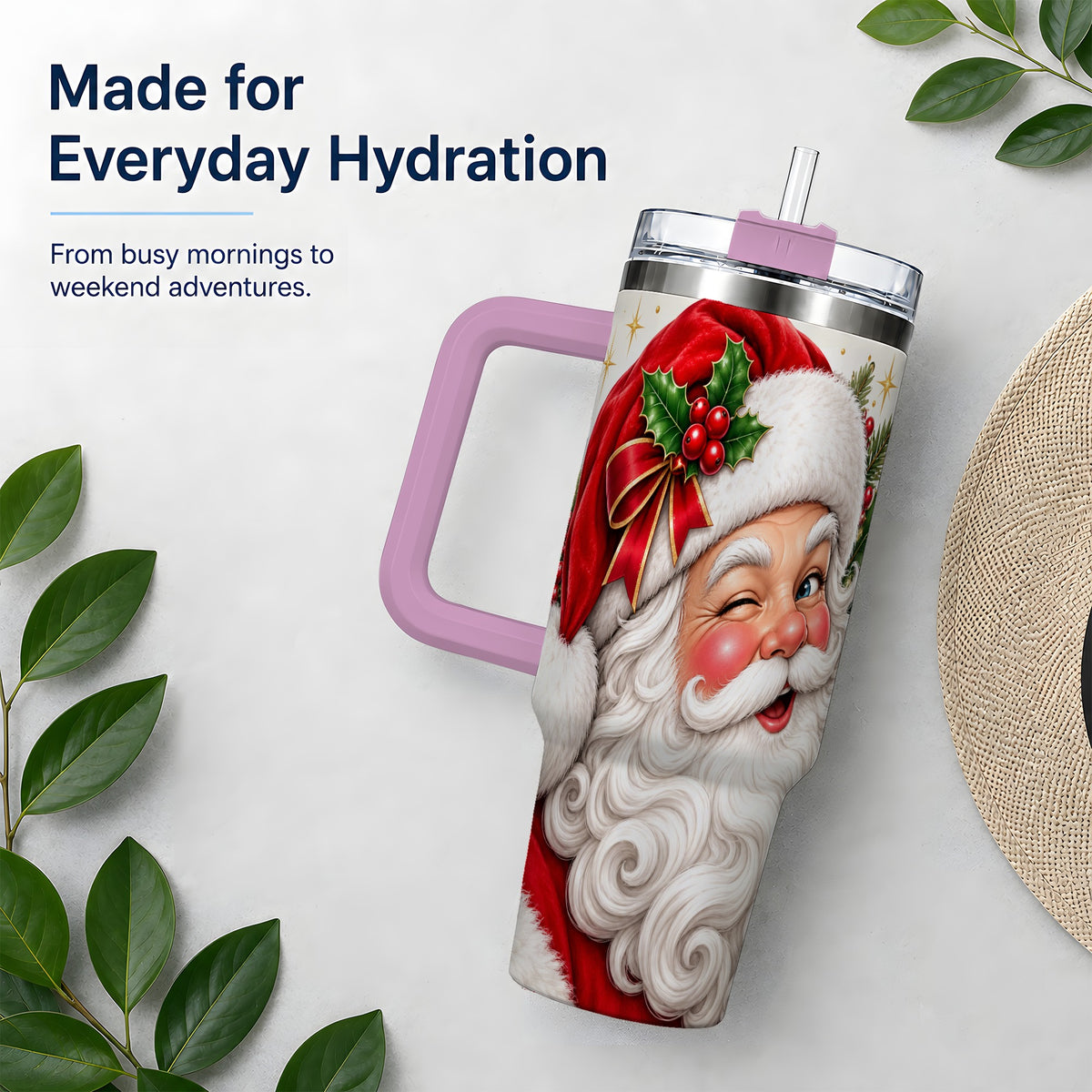 #pl[40oz|Pink] Winking Santa Christmas Tumbler, 40oz Stainless Steel Tumbler
