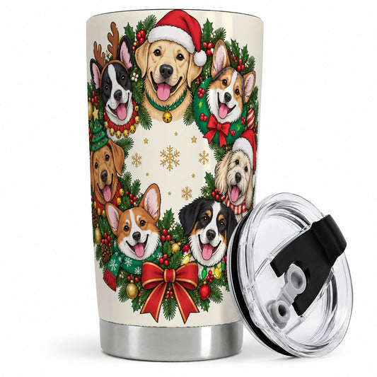 Christmas Dogs Wreath 20oz Tumbler, Festive Pet Winter Holiday Artwork