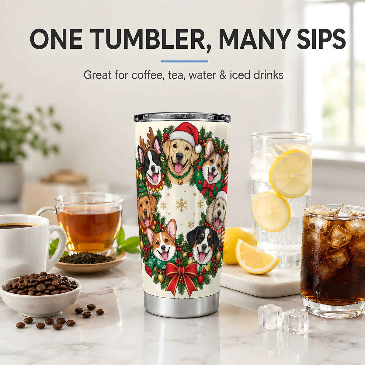 #pl[20oz|Steel] Christmas Dogs Wreath 20oz Tumbler, Festive Pet Winter Holiday Artwork